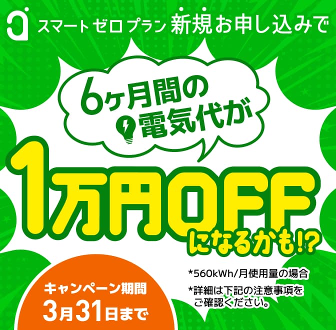 今だけさらにおトクキャンペーン中！6ヶ月の電気代が1万円OFFになるかあも！？キャンペーン期間3月31日まで