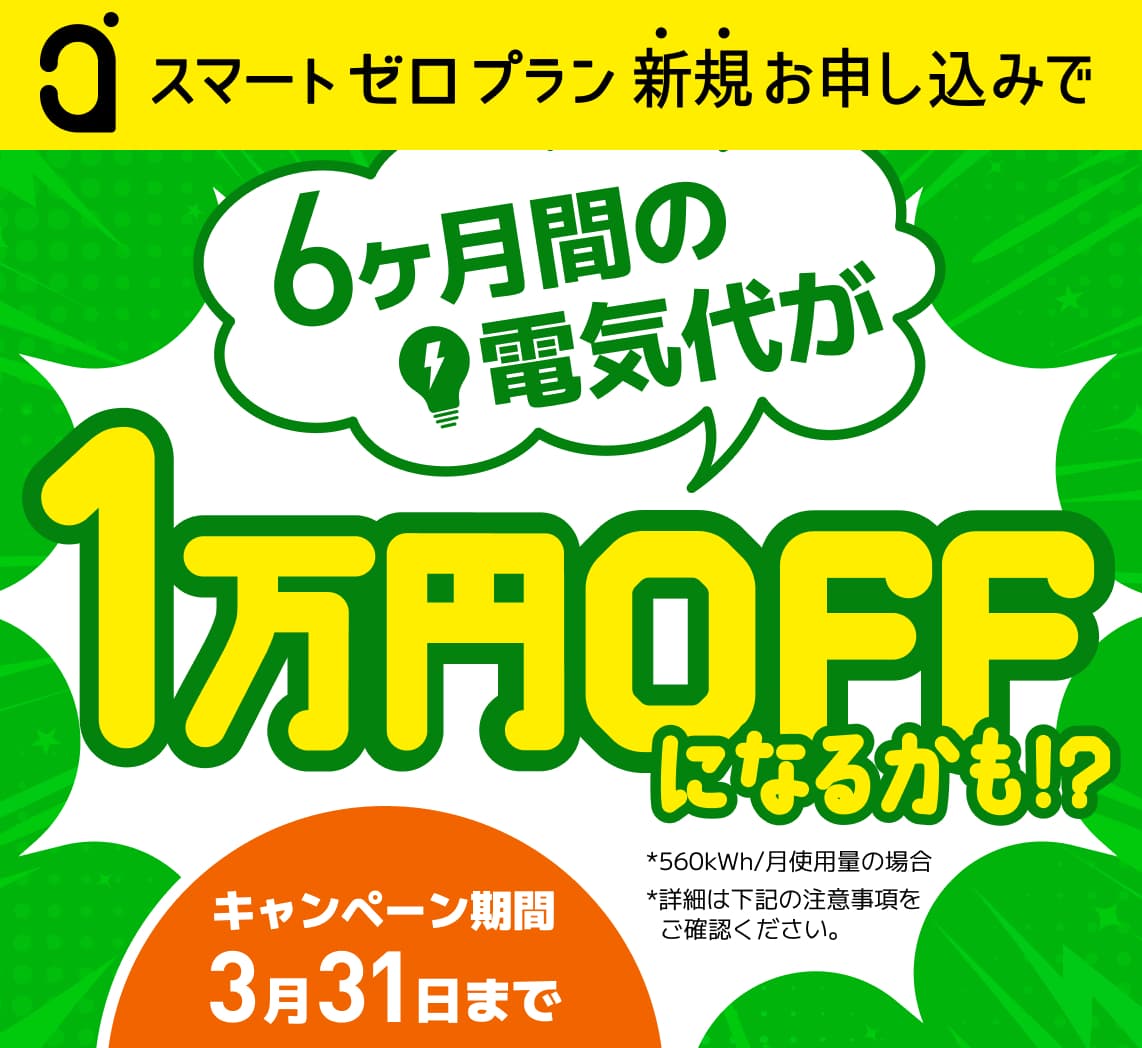 今だけさらにおトクキャンペーン中！6ヶ月の電気代が1万円OFFになるかあも！？キャンペーン期間3月31日まで