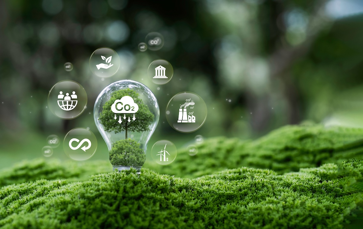 電球の中に木が生え、周囲にCO2削減や持続可能なエネルギーを象徴するアイコンが浮かぶビジュアル