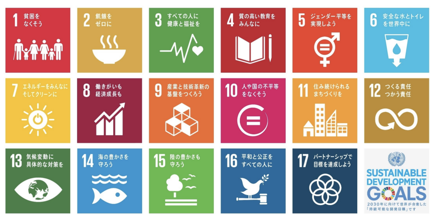 SDGsの17の目標を表したアイコン（環境省ホームページより引用）
