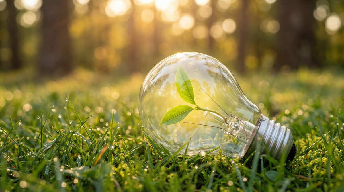 草の上に横たわるガラス製の電球の中に芽吹く緑の葉。風力発電をはじめとする再生可能エネルギーによるクリーンな電力供給を象徴するイメージ。