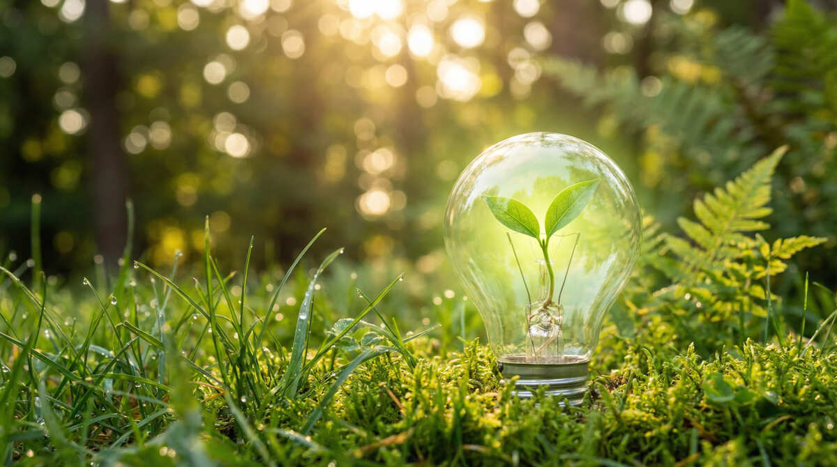 森の中に置かれたガラス製の電球の中で芽吹く緑の植物。再生可能エネルギーと自然環境の共生をイメージした写真。