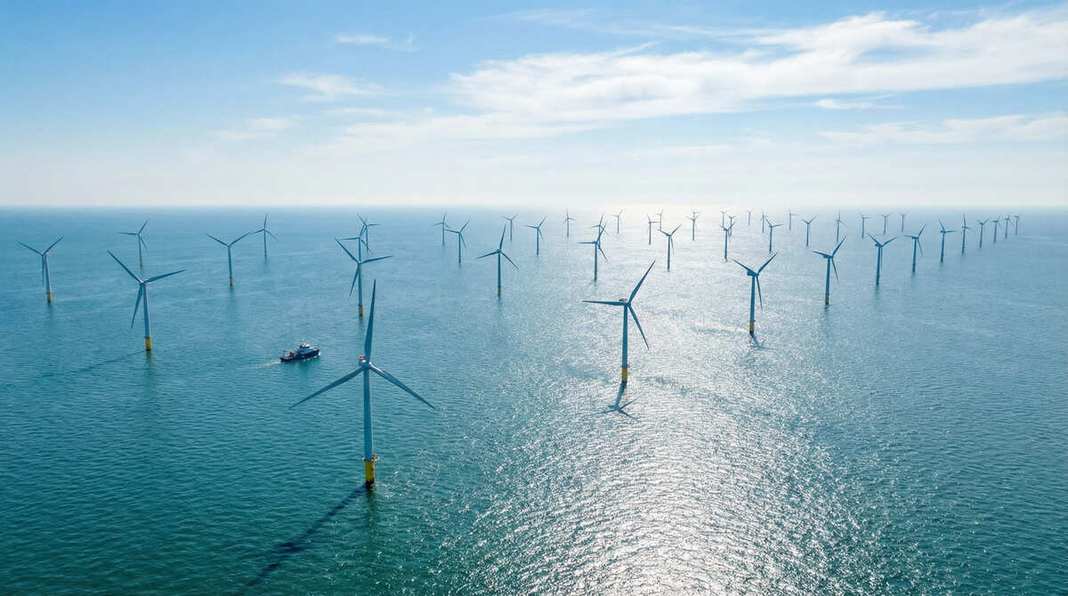 青い海に設置された多数の洋上風力発電タービンと作業船が映る空撮写真。洋上風力発電所のメンテナンス作業と発電規模を示すイメージ。