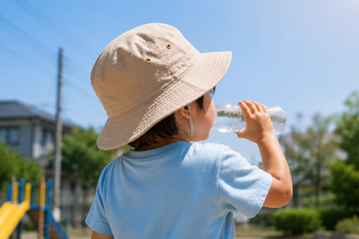 帽子をかぶった子どもが晴れた公園でペットボトルの水を飲んでいる後ろ姿。夏の日中に屋外で遊ぶ子どもの熱中症対策・水分補給の重要性を示すイメージ写真。