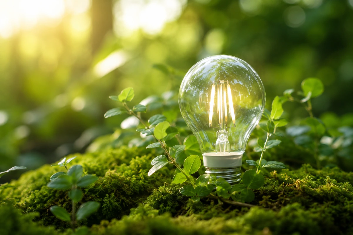 苔と緑の植物の上に置かれた点灯したフィラメント電球に木漏れ日が差し込む様子。再生可能エネルギーや環境に配慮したクリーンな電力を象徴するイメージ写真。