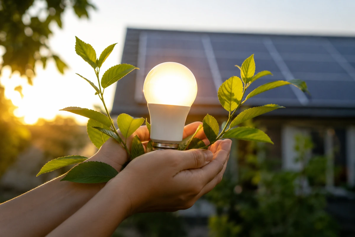 太陽光パネルが設置された住宅を背景に、両手で植物と光る電球を持つ人物。太陽光発電と再生可能エネルギーによる省エネ生活を表すイメージ写真。