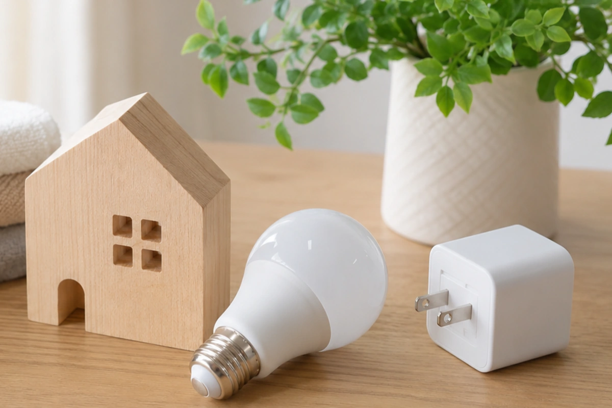 木製テーブルの上に置かれた木の家のオブジェ・LED電球・コンセントプラグ。家庭での電気代節約・省エネ効果を示す写真。