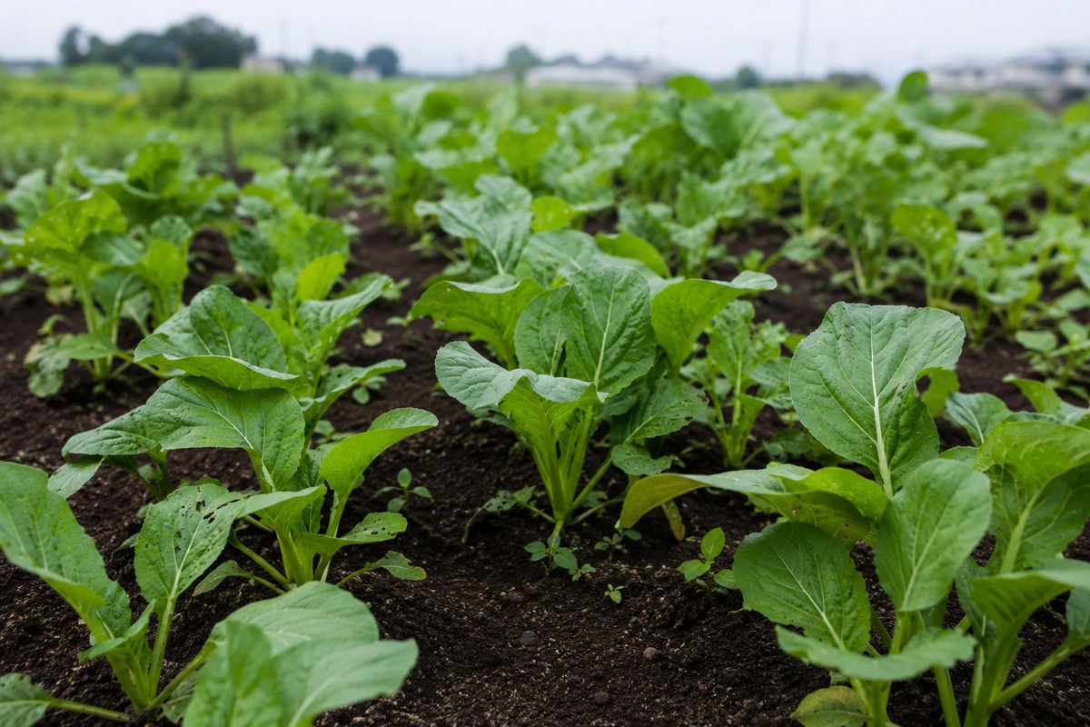 農地に整然と並んで育つ青々としたアブラナ科の葉野菜。農業・食料生産・自然環境をテーマにしたイメージ写真。