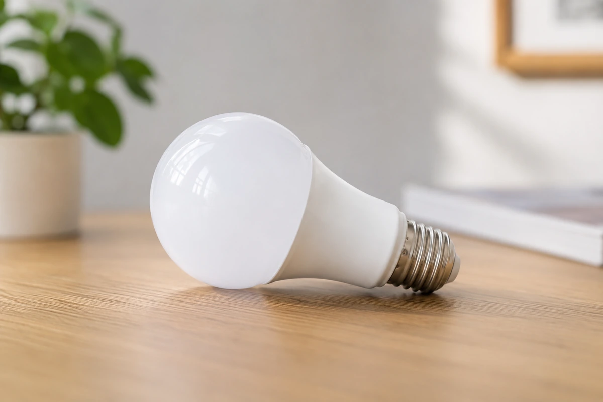 木目テーブルの上に横向きに置かれた白いLED電球のクローズアップ。電気代削減と省エネ効果を表すイメージ写真。