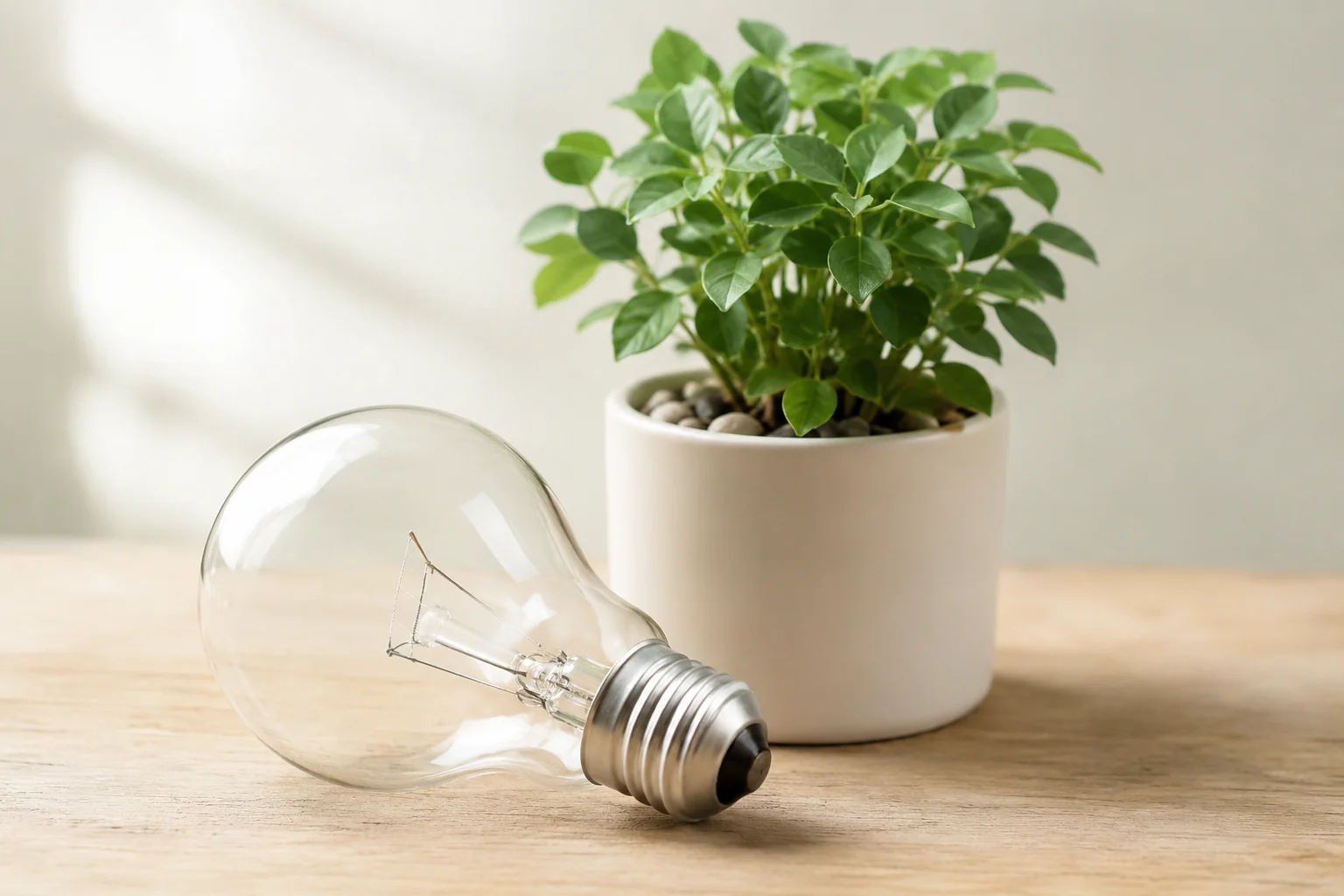 木製テーブルに置かれた透明な電球と観葉植物の鉢植え。環境にやさしい電気の使い方を表すイメージ写真。