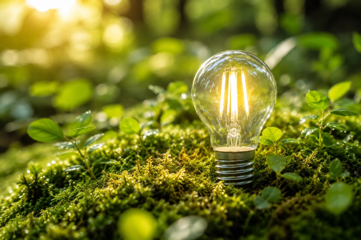 苔の上で温かく光る電球。環境にやさしい電気・再生可能エネルギーを表すイメージ写真。