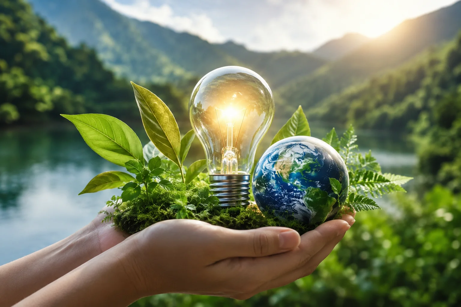 緑豊かな自然を背景に、両手のひらに乗せた電球と地球。地球温暖化対策と再生可能エネルギーを表すイメージ。