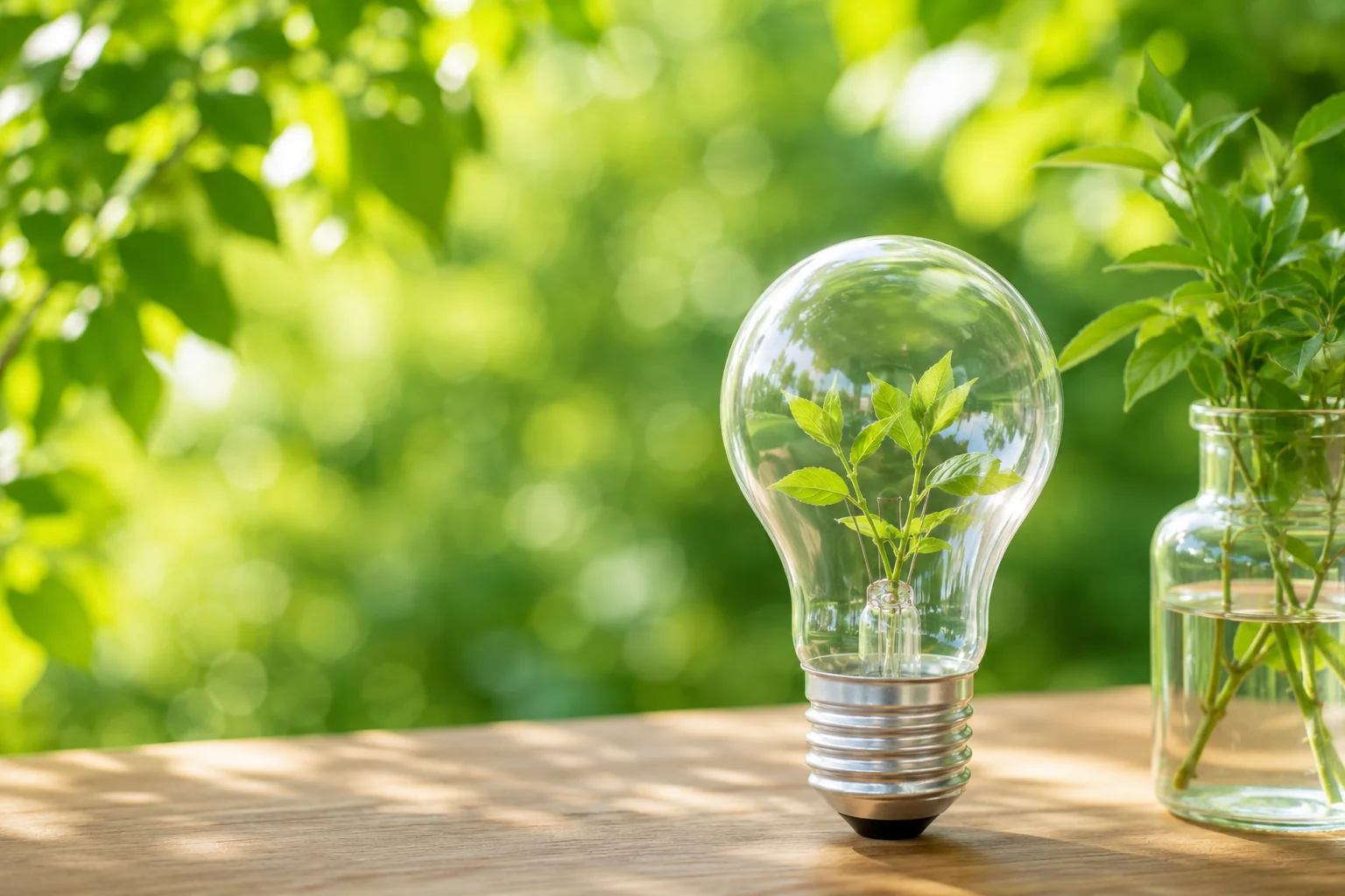 新緑を背景に置かれた、中に植物の芽が入った電球。環境に配慮した電気の使い方を表すイメージ。