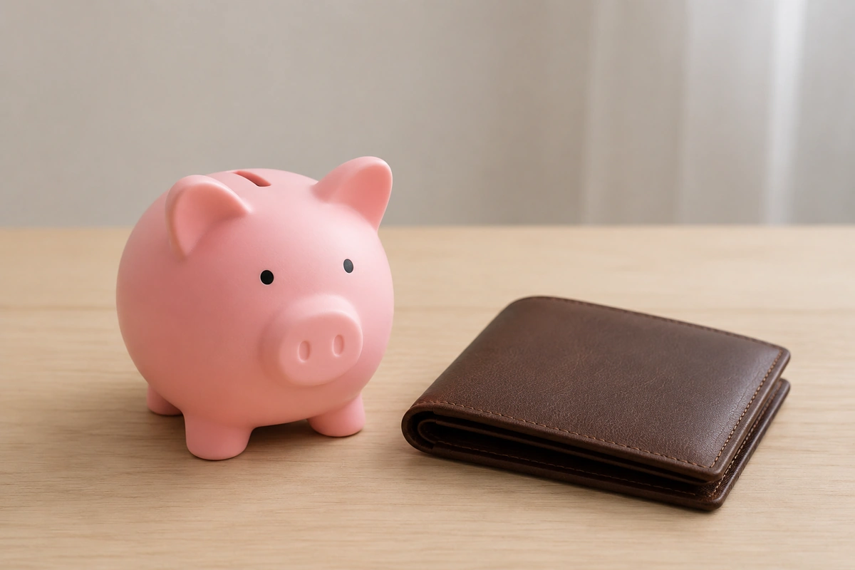 テーブルに置かれたピンクのブタの貯金箱と茶色い革財布。電気代の節約による家計の余裕を表すイメージ写真。
