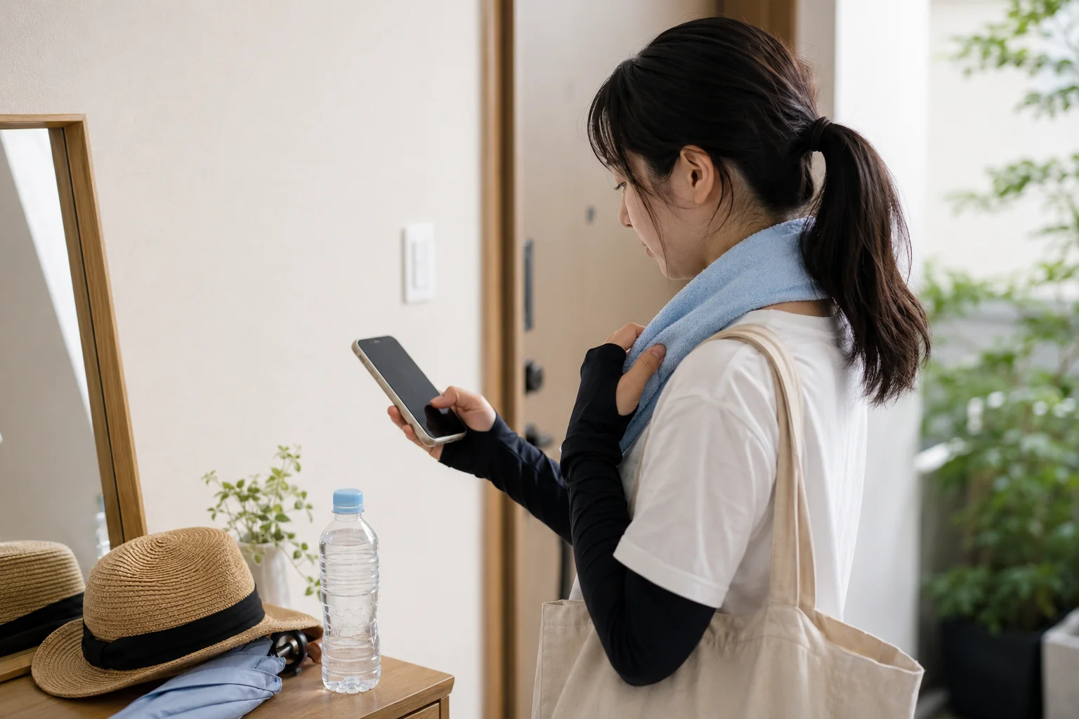 外出前に玄関でスマートフォンを確認する女性。夏場の天気・気温のチェックと熱中症対策を表す写真。