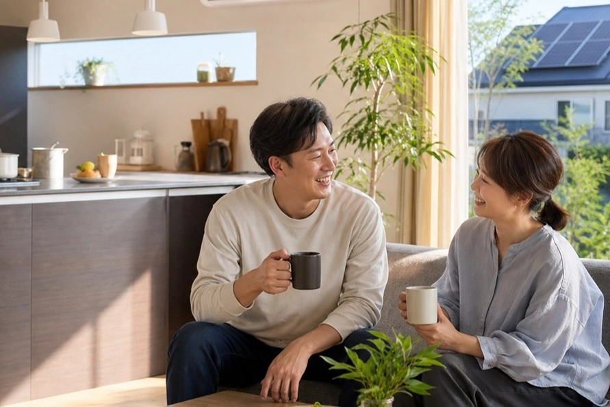 明るいリビングで飲み物を片手にくつろぐ夫婦。適切な契約アンペアで快適に暮らすイメージ。