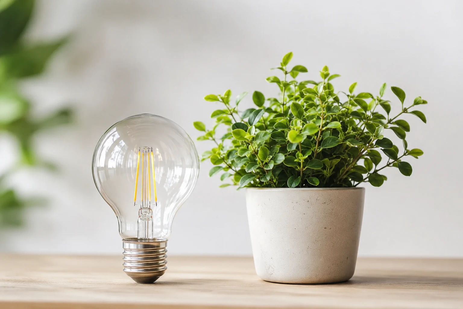 電球と鉢植えの緑。環境に優しい電気を表すイメージ。