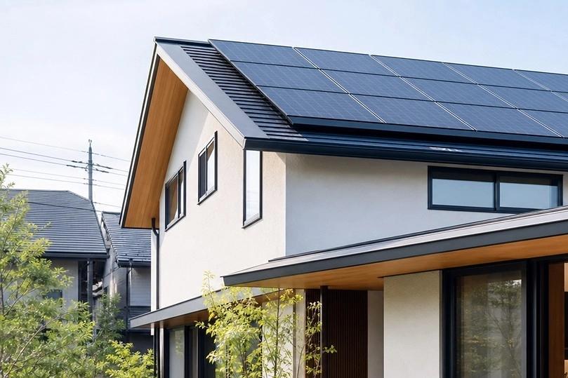 屋根一面の太陽光パネルを備えた住宅。GX志向型住宅の条件に適合している住宅のイメージ。