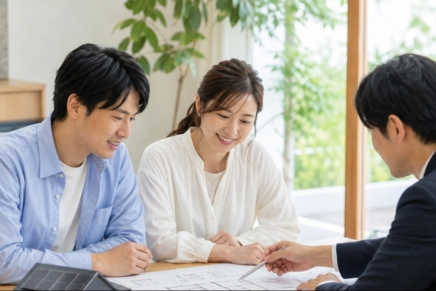 住宅の設計図を囲み、担当者に相談する夫婦。GX志向型住宅の補助金申請や建築計画を検討する場面。