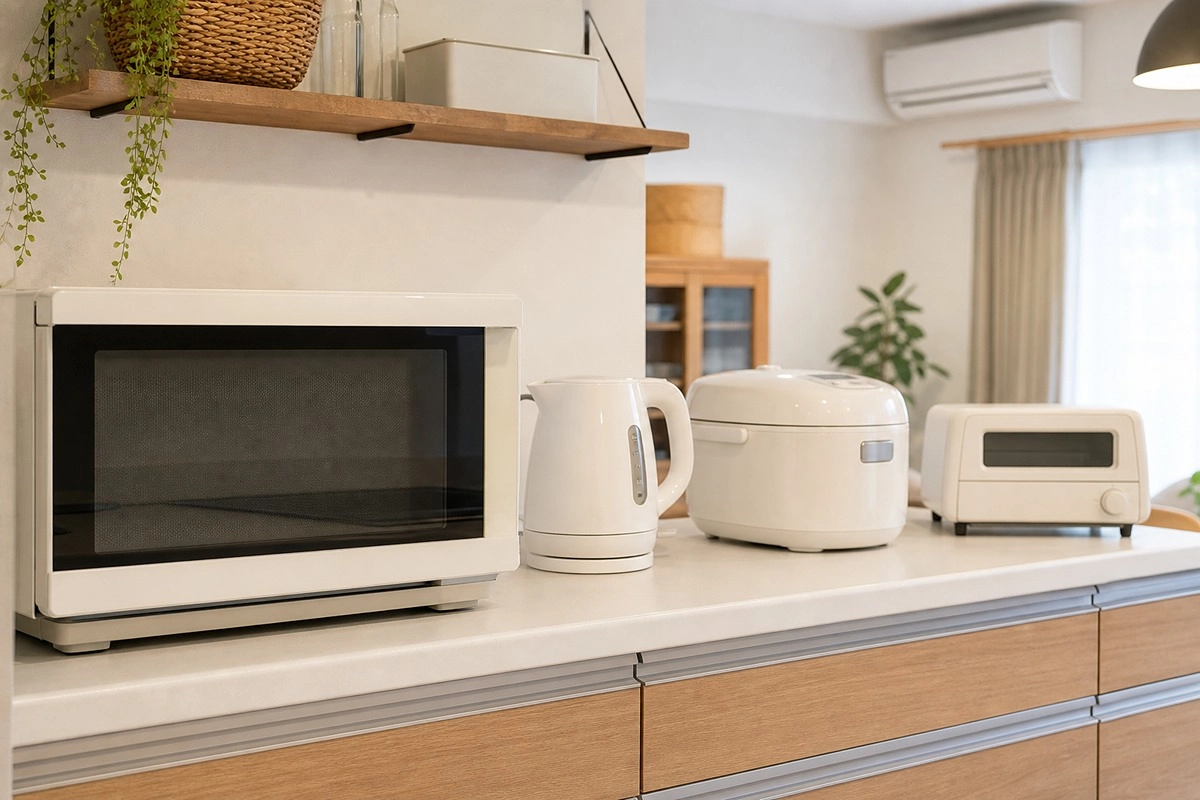 電子レンジやケトルなど消費電力の大きい家電が並ぶキッチン。同時に使用する家電のアンペア数から適切な契約アンペアを見積もることを示すイメージ。