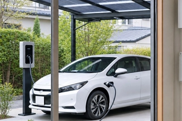 自宅の駐車場で充電中の電気自動車。身近な電気自動車も、分散型エネルギーリソースのひとつとして活用できることを示すイメージ。