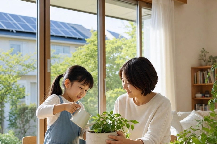リビングで観葉植物に水をやる親子。環境に優しい暮らしを表すイメージ。