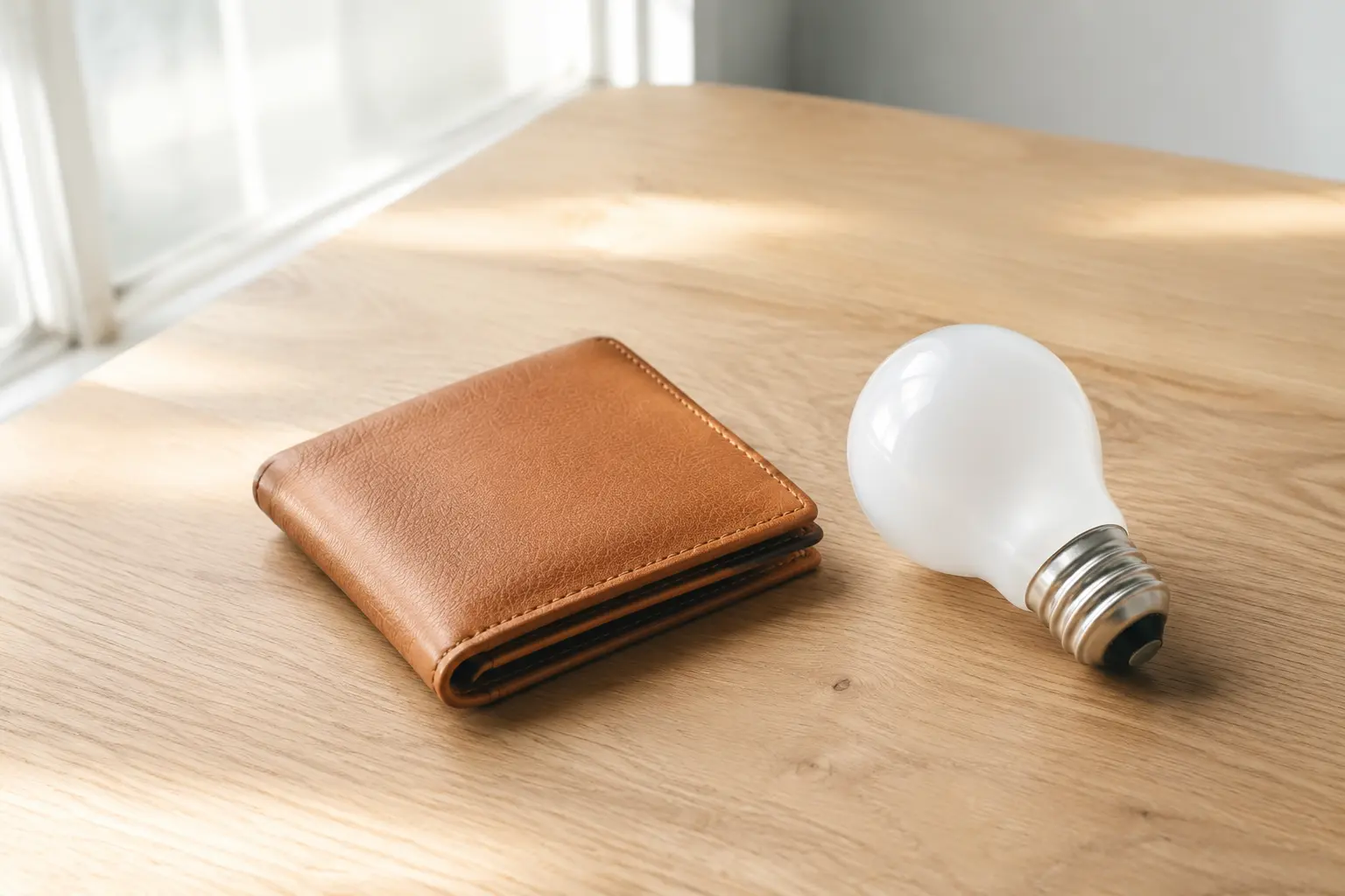木製テーブルの上に置かれた茶色い財布と白い電球。電気代のコストを示すイメージ。
