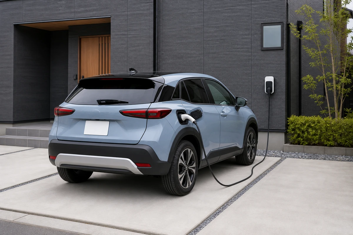 グレーの戸建て住宅の駐車場で充電する淡いブルーの電気自動車