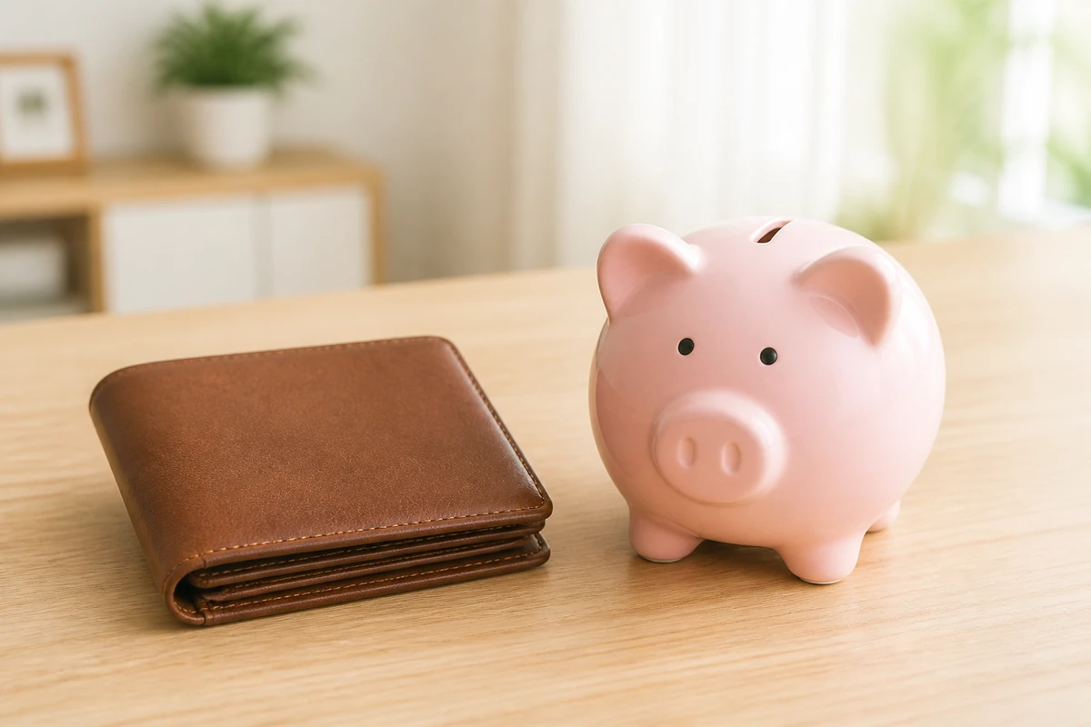 茶色の財布と淡いピンク色の豚の貯金箱がテーブルの上に置かれている。節約を示すイメージ。