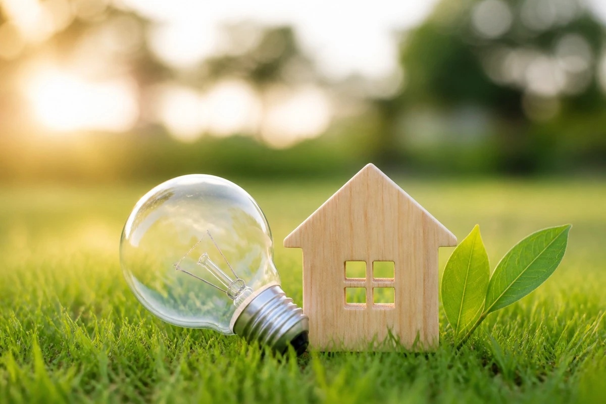 電球と木製の家と緑の葉が芝生に置かれている。環境に優しい電気のイメージ。
