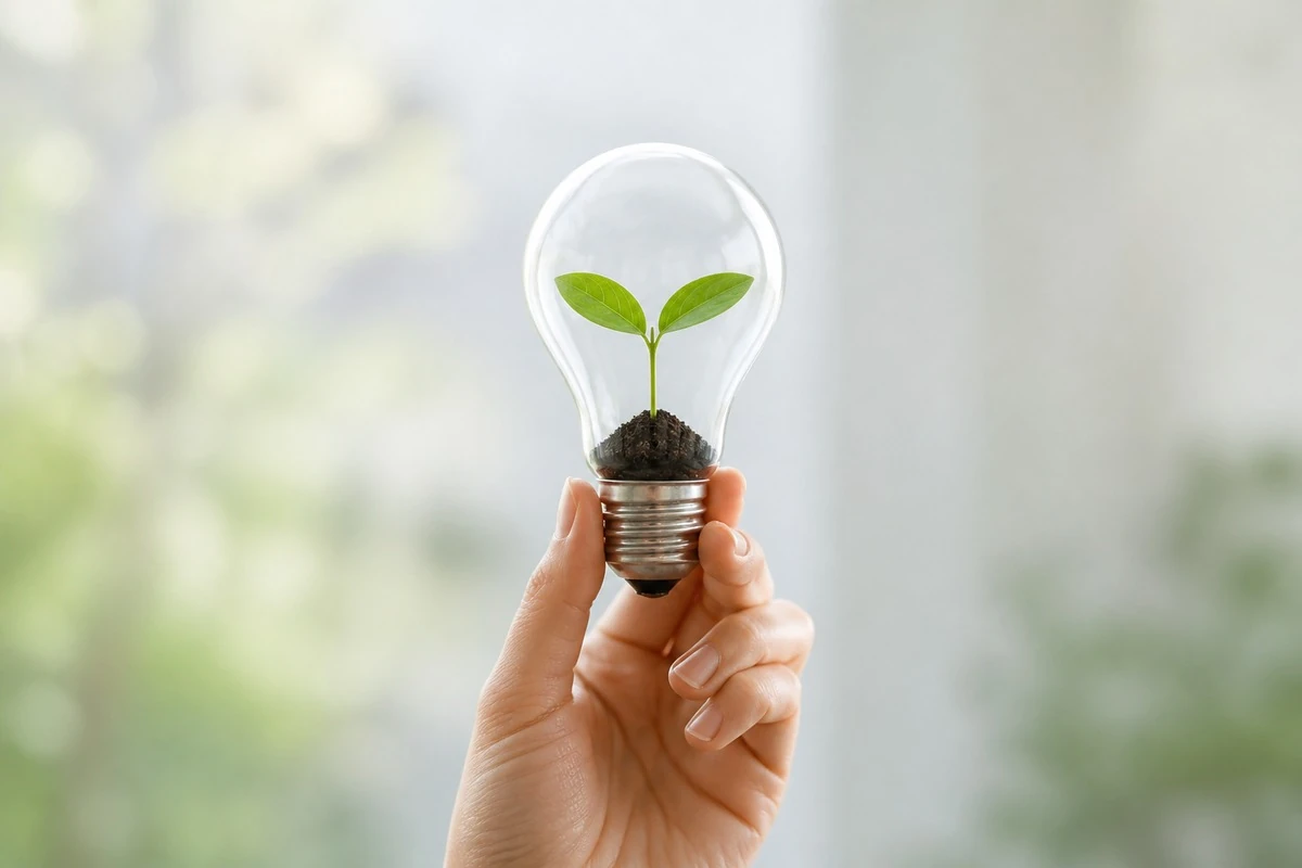 手に持った電球の中で育つ緑の芽。環境に優しい電気のイメージ。