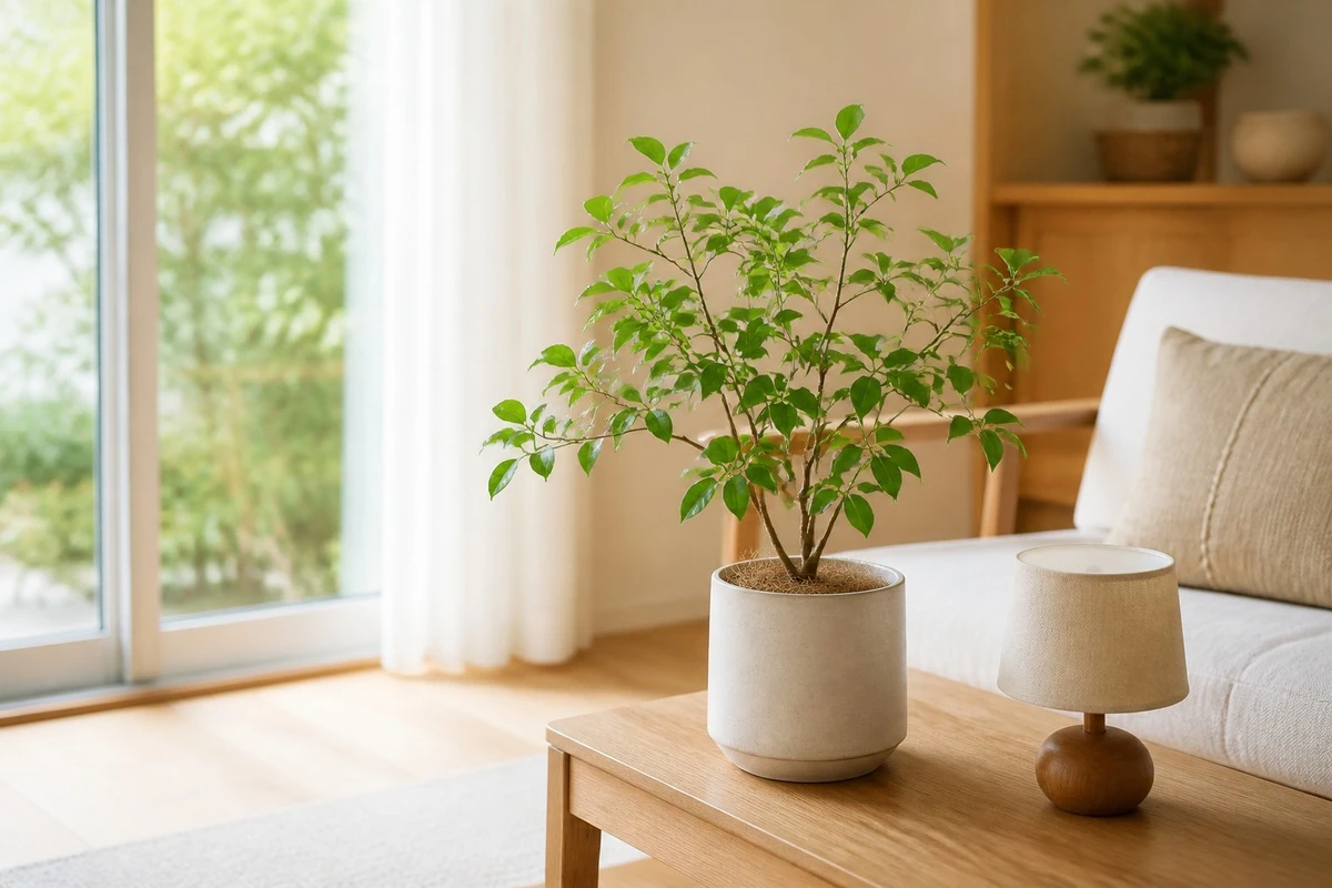 自然光が差し込む室内に置かれた観葉植物と照明。環境に配慮した暮らしのイメージ。