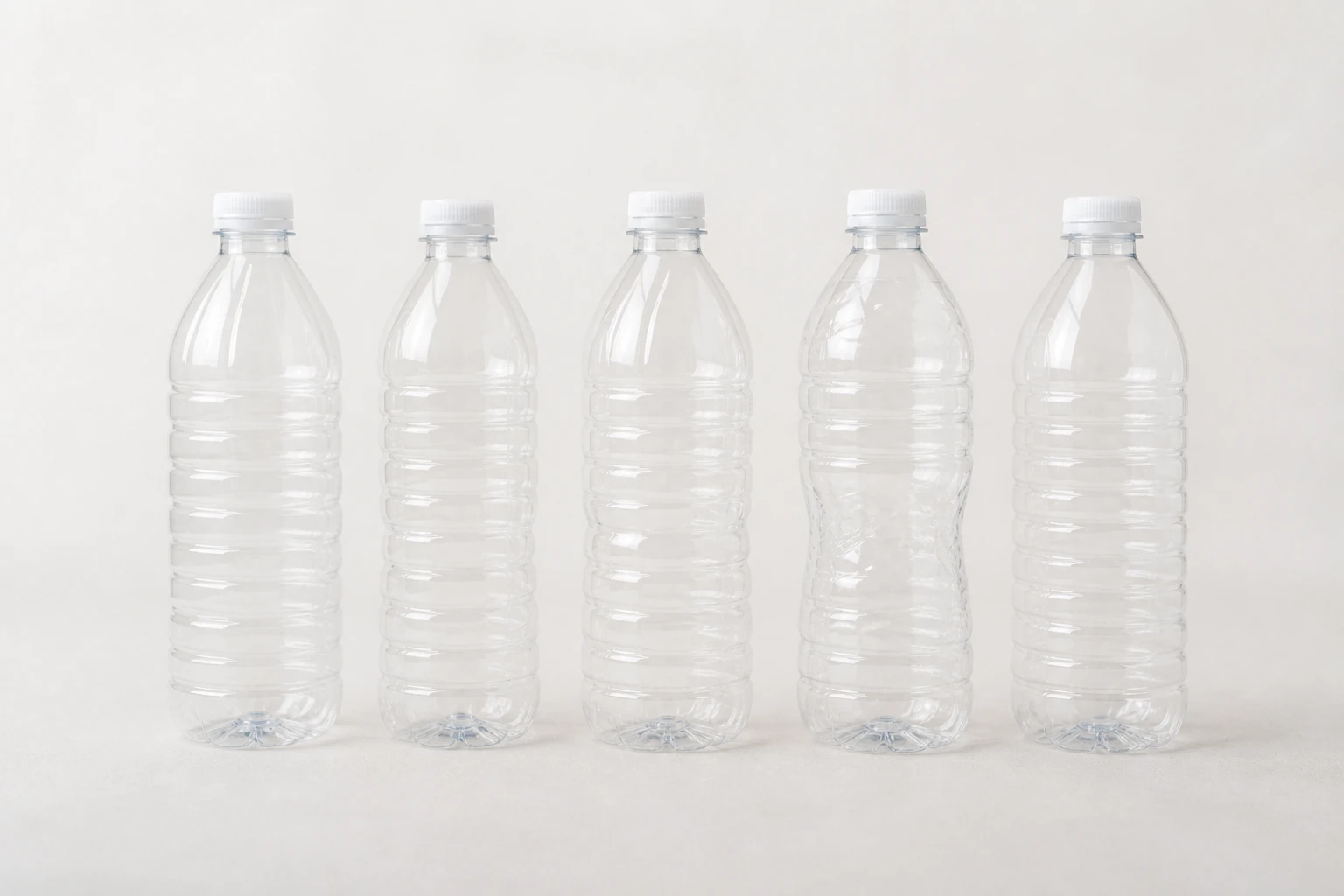 マイクロプラスチックの発生源となりうる空の透明なペットボトル5本が立ち並ぶ様子。