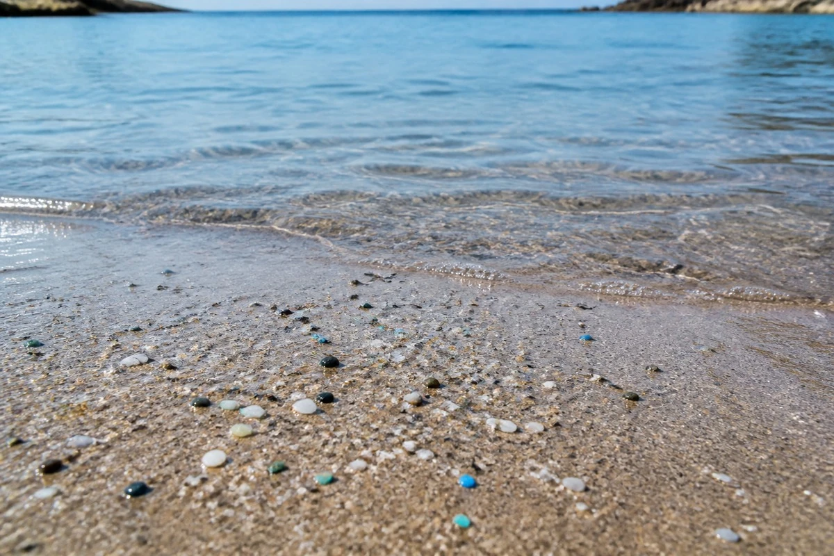 砂浜に混じる微細なプラスチック片と海