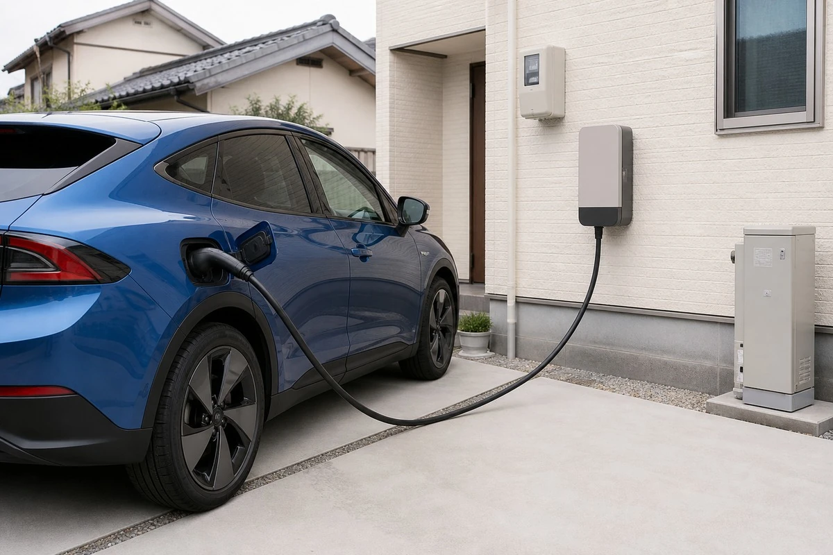 自宅のV2H機器につながれた電気自動車