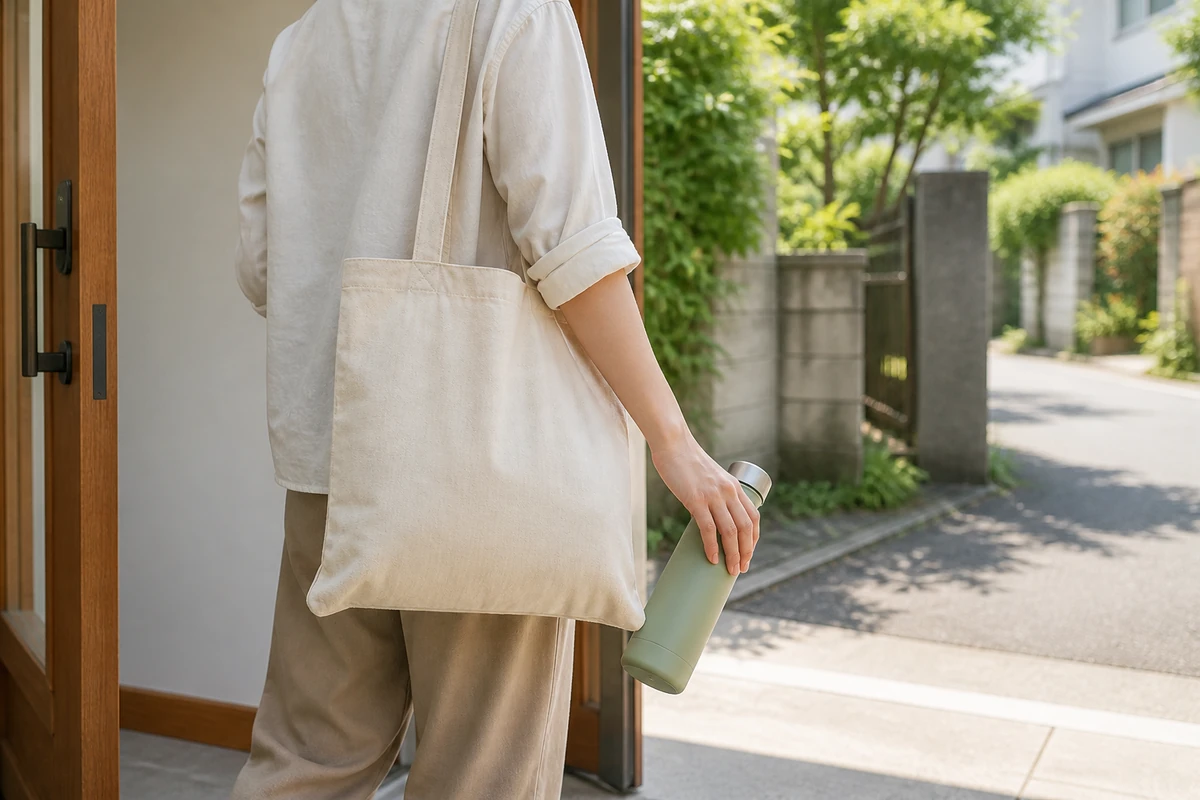 マイバッグを肩に掛け、マイボトルを手にして玄関から外出する女性