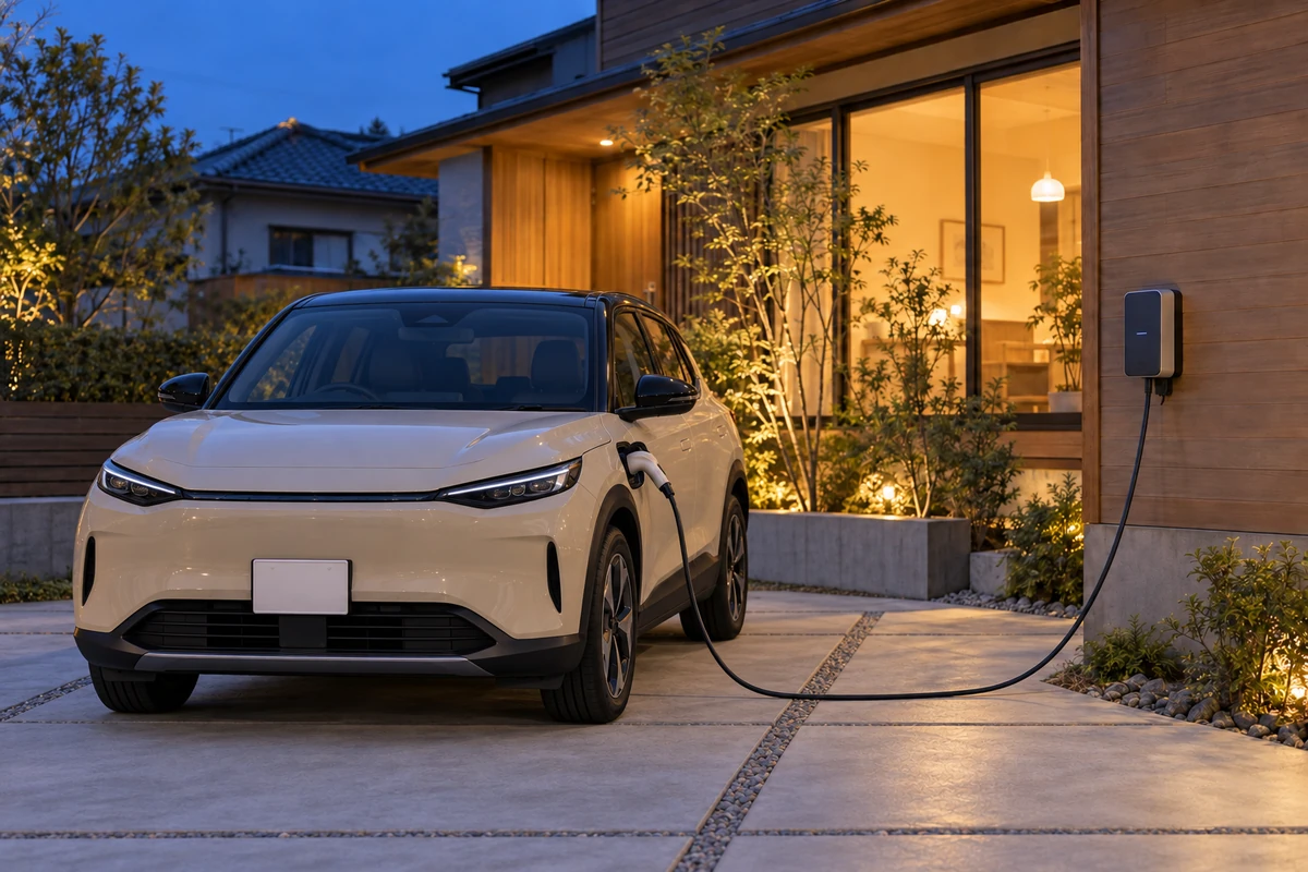 夕方の自宅駐車場で充電中のベージュの電気自動車
