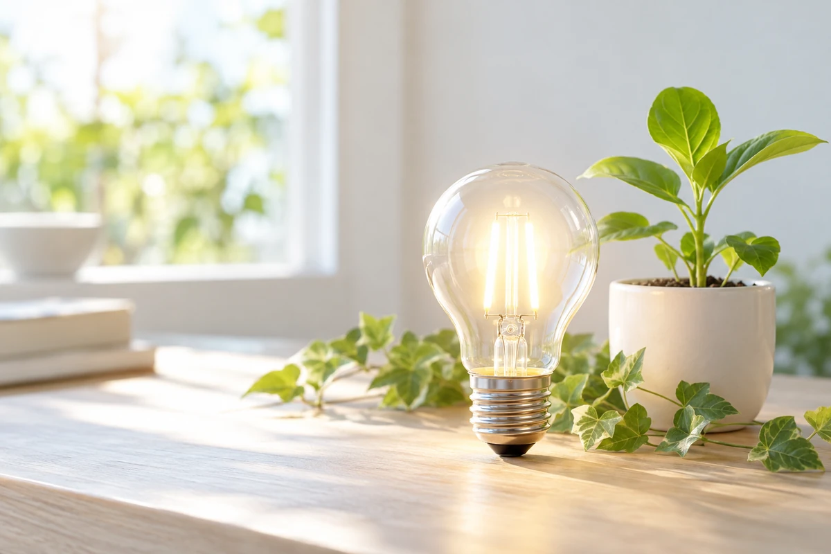 植物と自然光に囲まれた電球。環境に優しい電気のイメージ