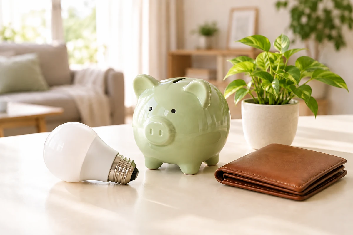 明るいリビングのテーブルに置かれた電球・財布・ミニ観葉植物と緑のブタの貯金箱