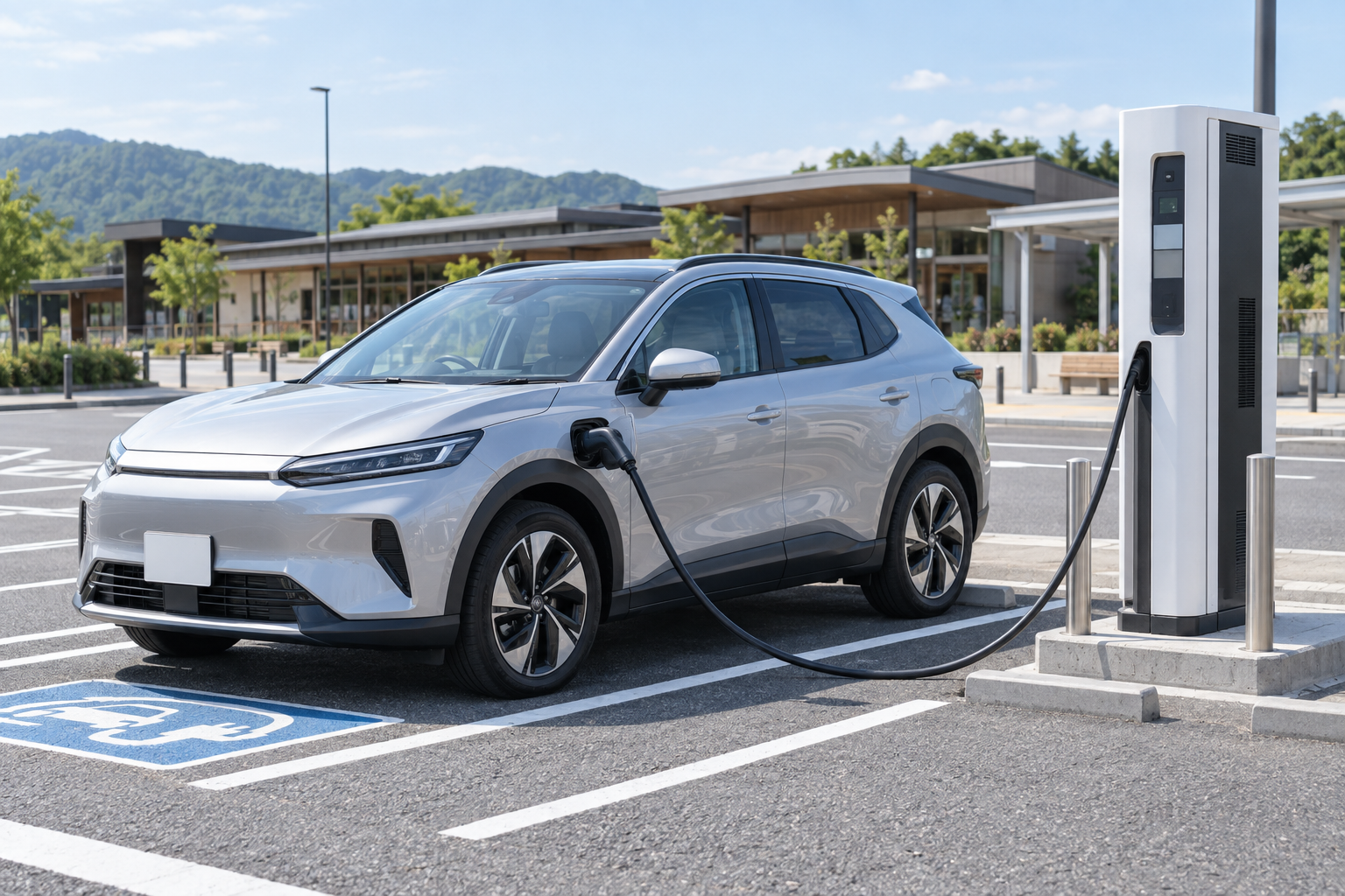 高速道路のEV充電スポットで充電中のシルバーの電気自動車
