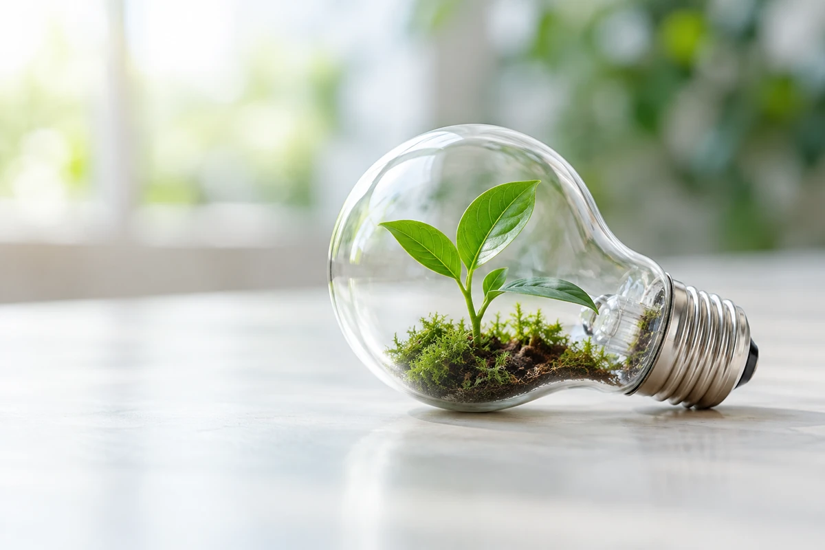 電球の中で育つ緑の植物とクリーンな電気のイメージ