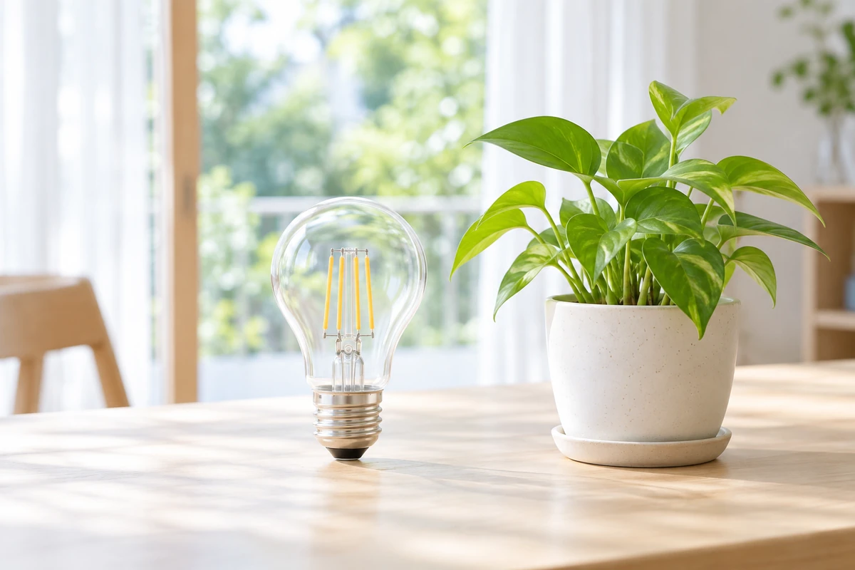 自然光が差し込む室内に置かれた電球と観葉植物