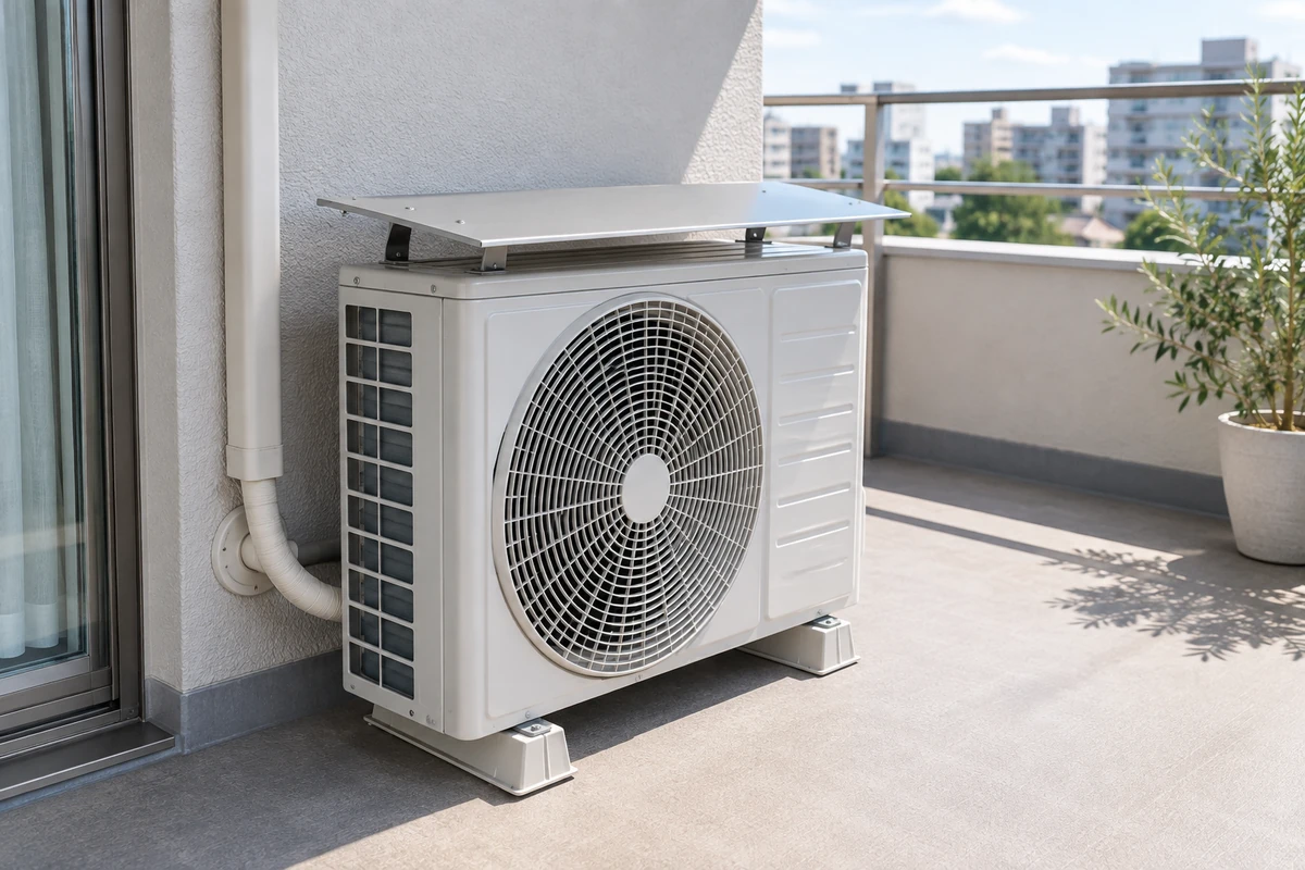 集合住宅のベランダに置かれた、天面カバー付きのエアコン室外機