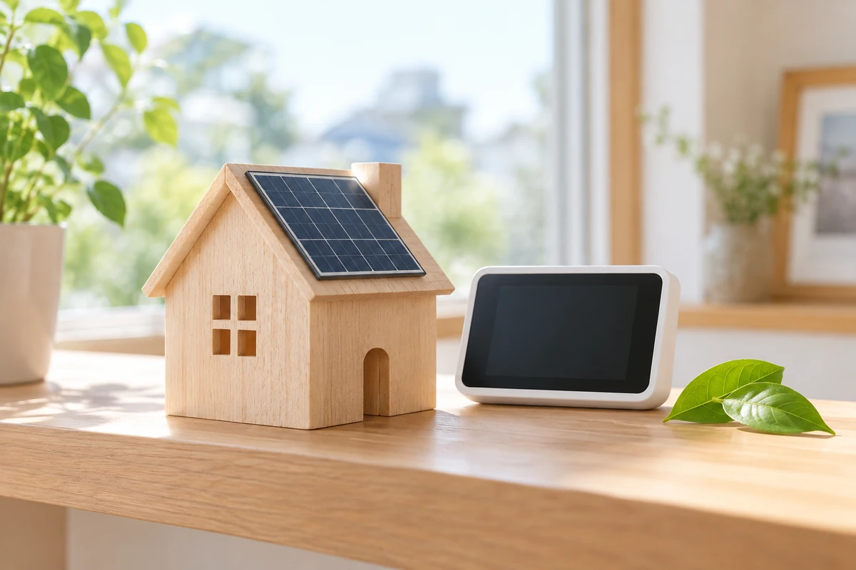 太陽光パネル付きの住宅模型と黒い画面の電力モニター