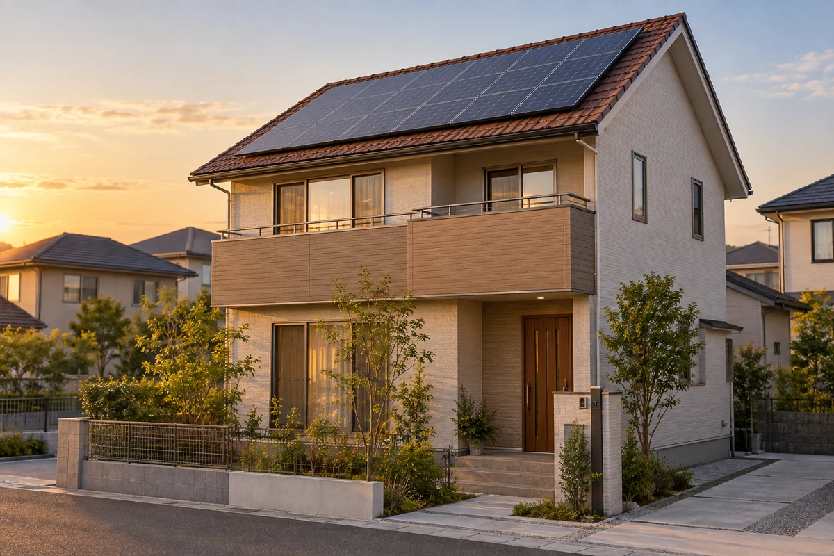 夕方の住宅街に建つ太陽光パネル付きの戸建て住宅