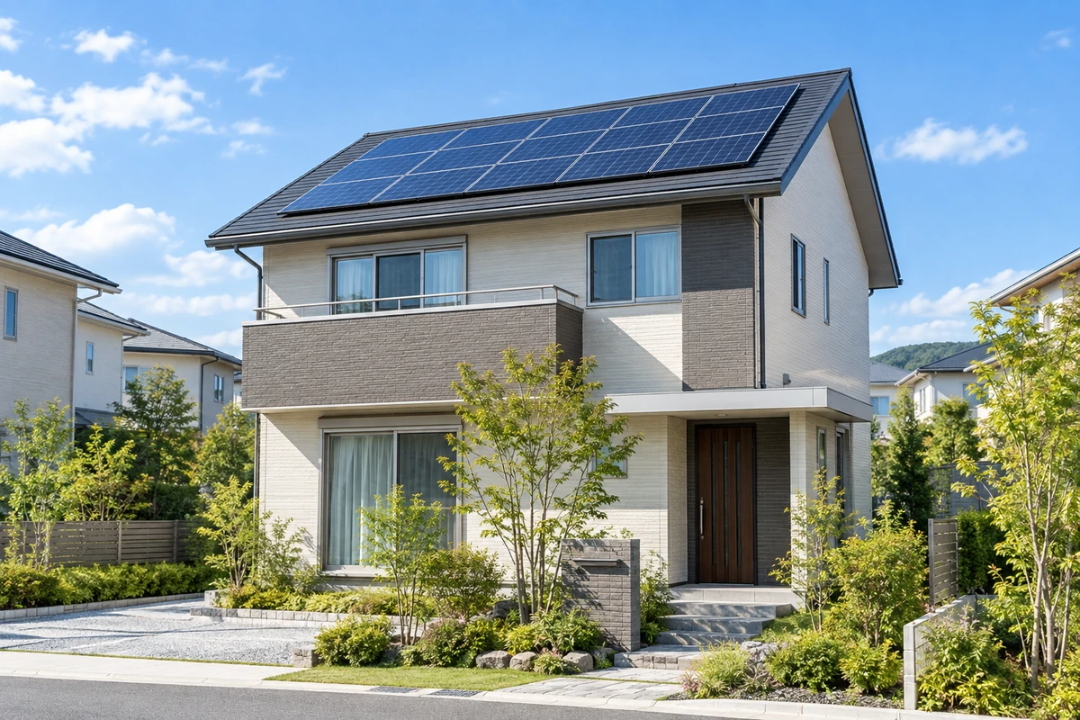屋根に太陽光パネルを設置した明るい戸建て住宅