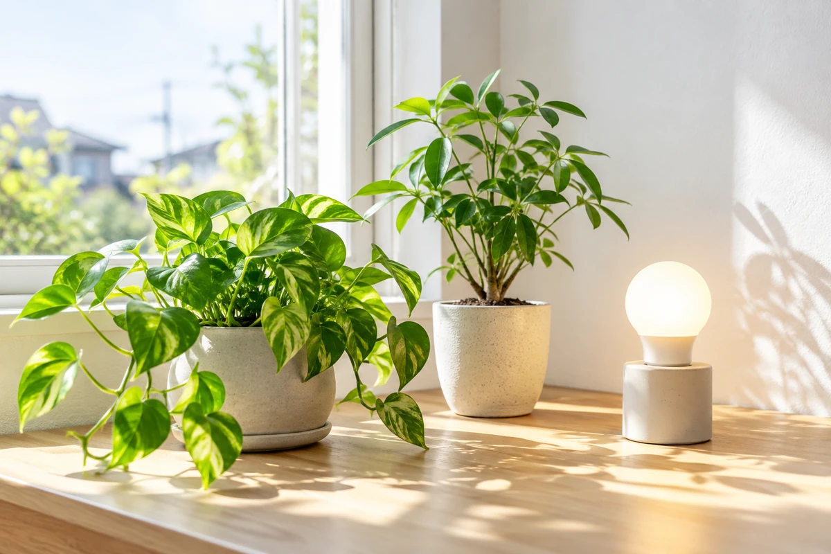 窓辺の観葉植物とやさしく光る省エネ電球